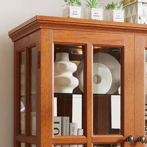 English Elm Curio Dark OAK Glass Cabinet with E26 Bulb, Vintage Lattice Doors, Adjustable Shelves, Sturdy Base W2275P292662