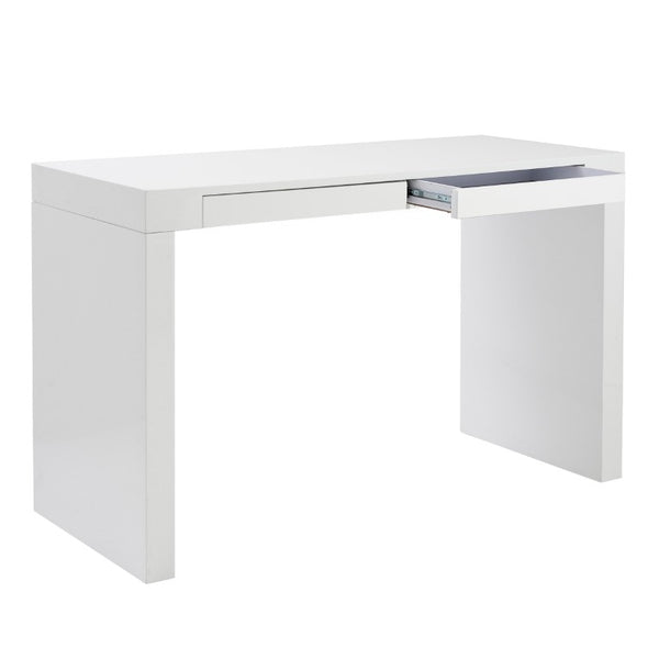 EuroStyle Donald Lacquer Writing Desk with Two Flush Drawers for Modern Home Office Use White 90308WHT