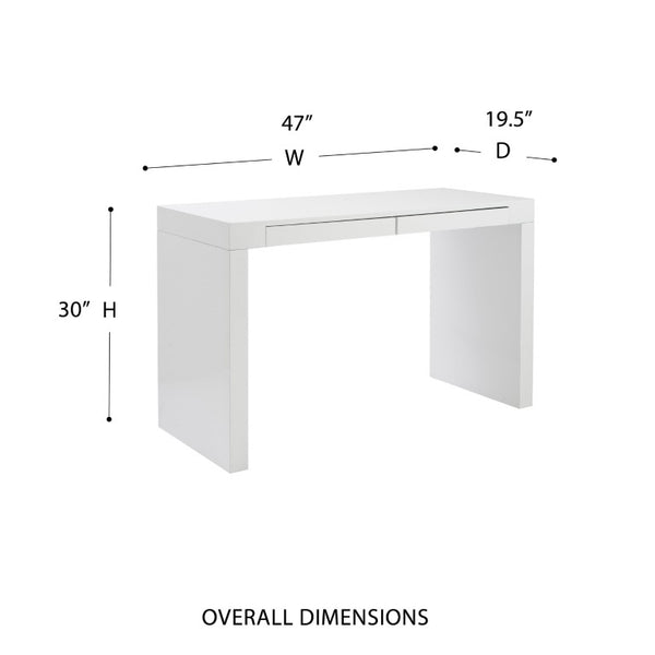 EuroStyle Donald Lacquer Writing Desk with Two Flush Drawers for Modern Home Office Use White 90308WHT