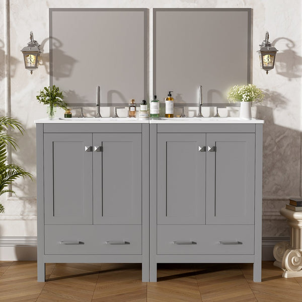 English Elm 48-Inch Modern Bathroom Vanity with Dual Ceramic Sinks, Ample Soft-Close Storage and Stylish Design Grey N729P000009E