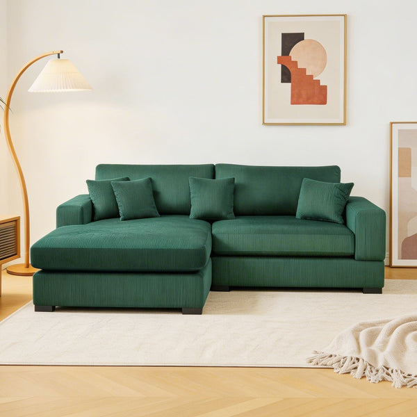 English Elm Mid Century Modern 3 Seater Sectional Sofa with Reversible Chaise and Accent Pillows Green W876S00346