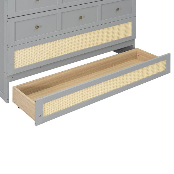 English Elm Full Size Murphy Wall Bed Cabinet with Rattan Panel Detailing and Storage Drawers Gray N708P336203E