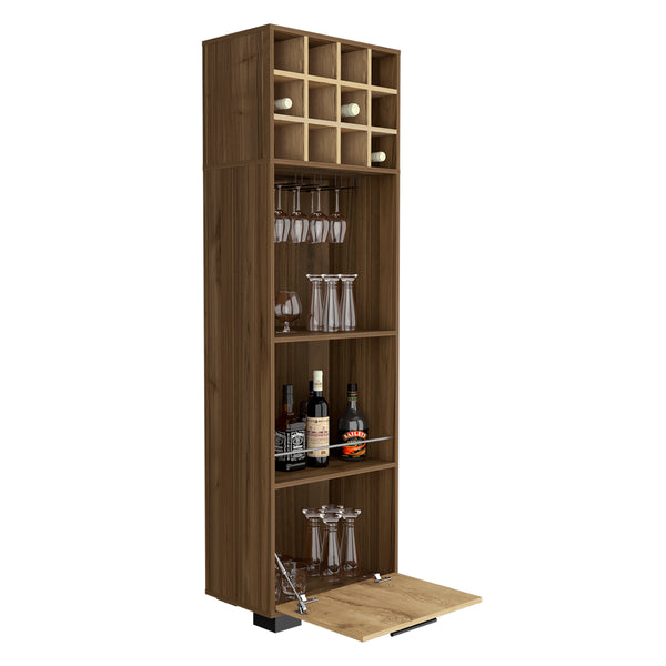 English Elm Marsella Corner Bar Cabinet with 12-Bottle Wine Rack, Cup Holder & Drawer in Light Oak Finish B200S00408