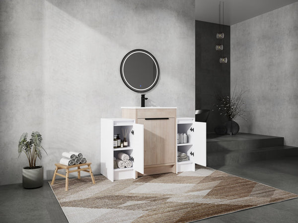 English Elm 48 Inch Freestanding Bathroom Vanity With Ceramic Sink, Adjustable Shelves & Soft-Close Doors W999S00312
