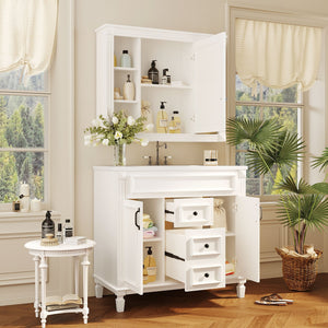 English Elm 36'' Bathroom Vanity with Sink and Mirror Cabinet, Modern MDF & Solid Wood Design, Ceramic Top, Soft-Close Doors White SW000115AAK-1