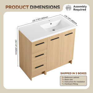 English Elm 36" Floating Bathroom Vanity Light Oak Modular Cabinet with Gel Coat Integrated Sink W3450S00104