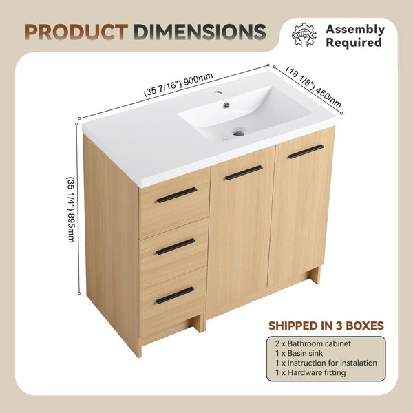 English Elm 36" Floating Bathroom Vanity Light Oak Modular Cabinet with Gel Coat Integrated Sink W3450S00104