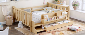 English Elm Twin Kids Platform Bed with Trundle Staircase Bookshelf and Rounded Safety Rails Light Natural W1580S00541