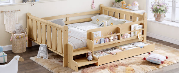English Elm Twin Kids Platform Bed with Trundle Staircase Bookshelf and Rounded Safety Rails Light Natural W1580S00541