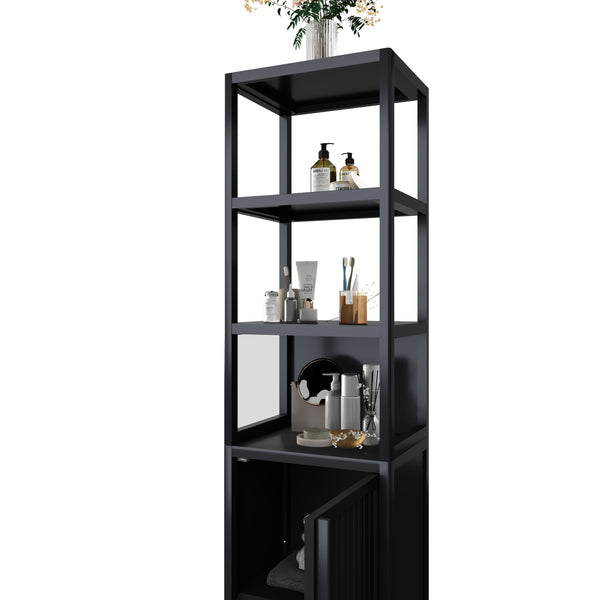 English Elm BLACK Bamboo Tall Slim Cabinet with Shutter Door, 3-Tier Freestanding Linen Tower for Kitchen Bath 39x18x9" W2207P272658