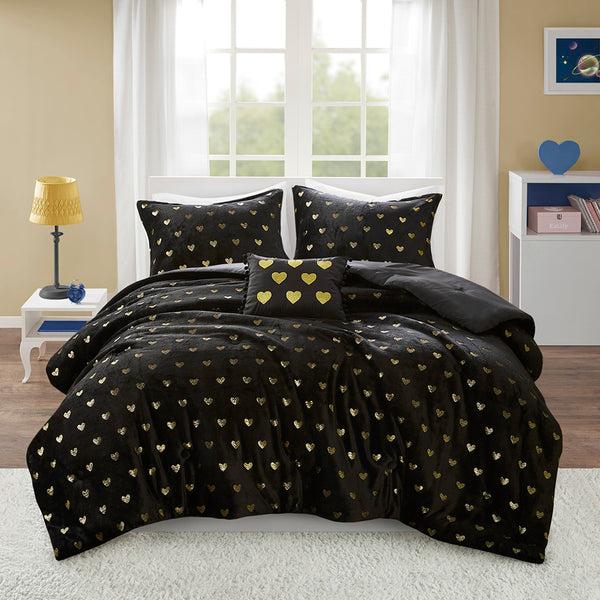 JLA Home Mi Zone - Metallic Rosalie Plush Comforter Set with Gold Heart Accents, Hypoallergenic OEKO-TEX, Machine Washable Black/Gold MZ10-0653