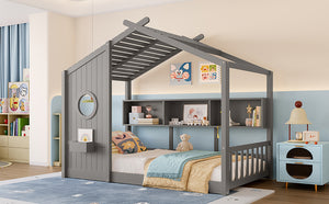 English Elm Twin House Floor Bed for Kids Montessori Playhouse with Roof, Built-In Shelf, Sturdy Pine Frame, Safeologna Gray 78.6 L x 16.6 W x 6.85 H N733P335064E