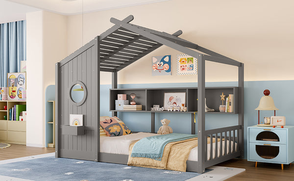 English Elm Twin House Floor Bed for Kids Montessori Playhouse with Roof, Built-In Shelf, Sturdy Pine Frame, Safeologna Gray 78.6 L x 16.6 W x 6.85 H N733P335064E