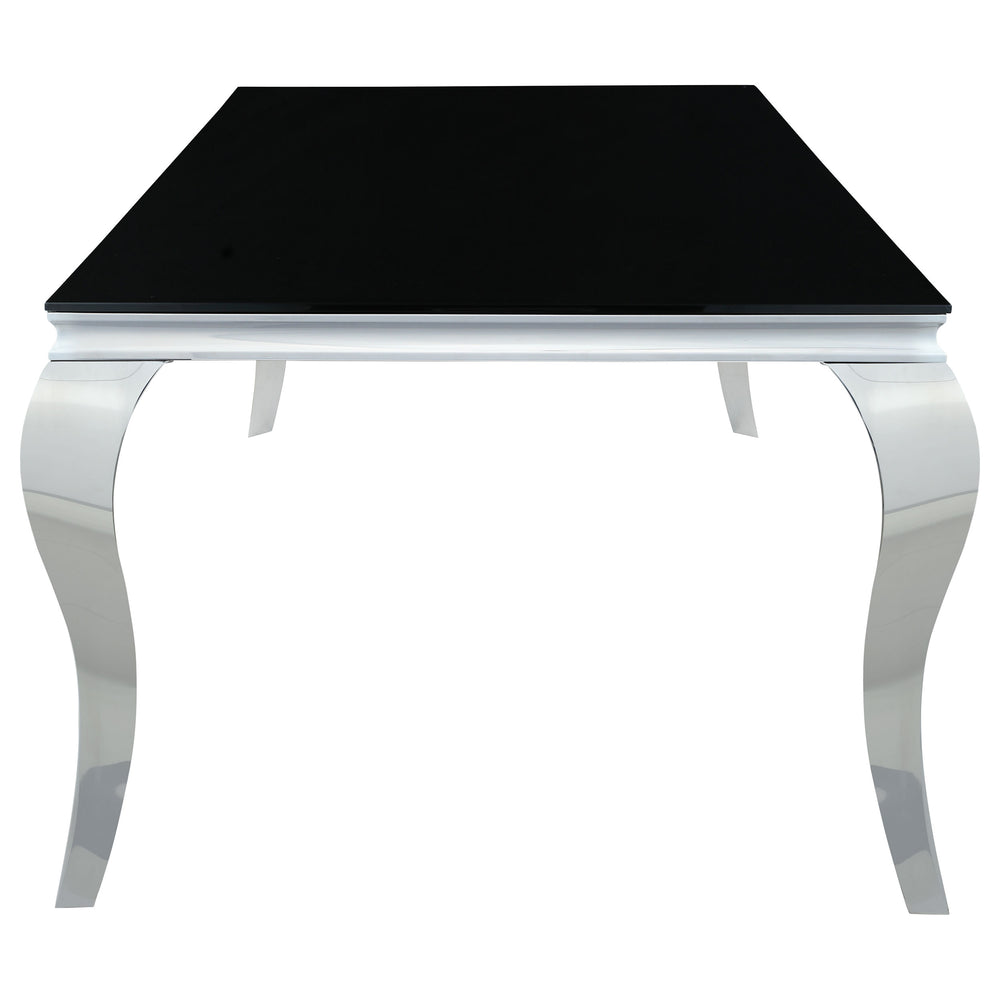 English Elm Belt Black Mirrored Dining Table with Shiny Rectangular Glass Top and Curved Mirrored Metal Legs, Modern Glam Scene B062S00797
