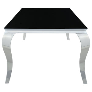 English Elm Belt Black Mirrored Dining Table with Shiny Rectangular Glass Top and Curved Mirrored Metal Legs, Modern Glam Scene B062S00797