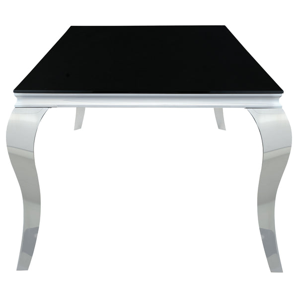 English Elm Belt Black Mirrored Dining Table with Shiny Rectangular Glass Top and Curved Mirrored Metal Legs, Modern Glam Scene B062S00797