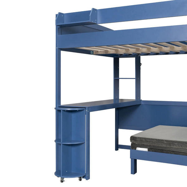 English Elm Full Size Loft Bed with Rotating Desk Led Lighting Sofa and Bookshelf Storage Navy Blue LT000200AAC