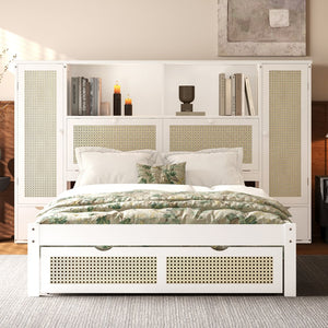 English Elm Twin Multifunctional Bed with Rattan Headboard Storage, Drawer & Shelves — Space-Saving Pine Design White 50.4 L x 19.8 W x 5.5 H N733S241280K