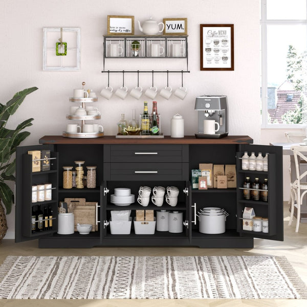 English Elm 63" Fluted Mdf Sideboard with Wood Tone Top Four Doors Three Drawers Dining Storage Black W2917S00012