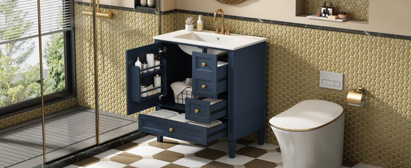 English Elm 30 30 Inch Bathroom Vanity with Ceramic Sink, Modern Compact 3-Drawer Storage Cabinet for Small Baths Blue N710P247499C