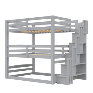 English Elm Full Size Triple Bunk Bed Solid Pine Frame with Storage Staircase Separate Convertible Design Gray N7090000477E