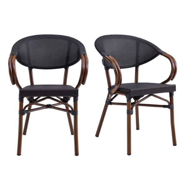 EuroStyle Jannie Outdoor Stackable Armchair Set Breathable Mesh Cafe Style Aluminum Patio Seating 90392BLK