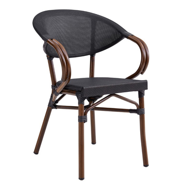 EuroStyle Jannie Outdoor Stackable Armchair Set Breathable Mesh Cafe Style Aluminum Patio Seating 90392BLK