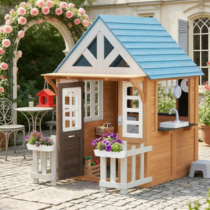 English Elm Garden Fir Wood Kids Playhouse with Toy Kitchen Chalkboard and Birdhouse Outdoors T3971P491771