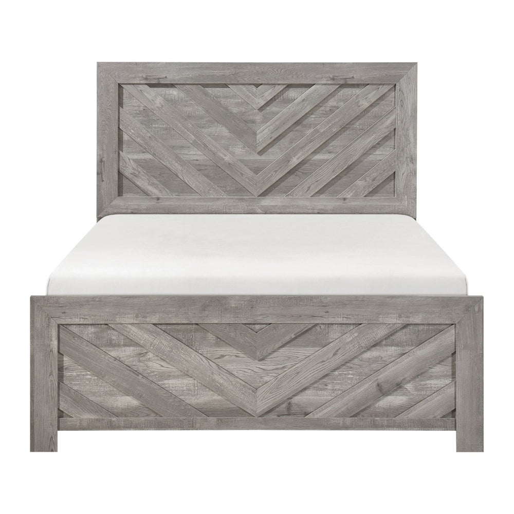 English Elm Contemporary Rustic V-pattern Queen Panel Bed Tall Headboard Engineered Wood Grain Gray B011P250482