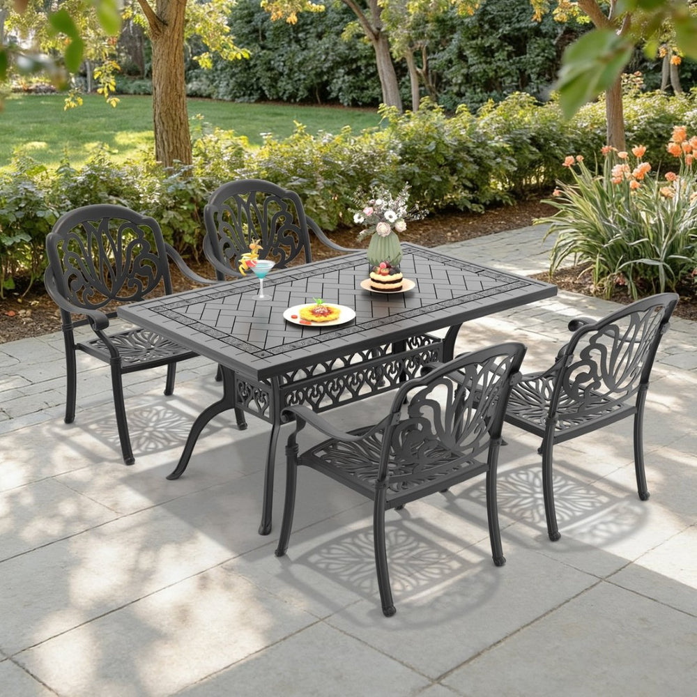 English Elm 5-piece Cast Aluminum Outdoor Dining Set Old World Ornate Patio Furniture Brown Cushions W1710S00572