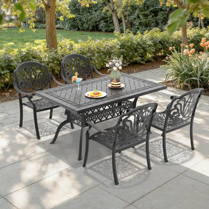 English Elm 5-piece Cast Aluminum Outdoor Dining Set Old World Ornate Patio Furniture Brown Cushions W1710S00572