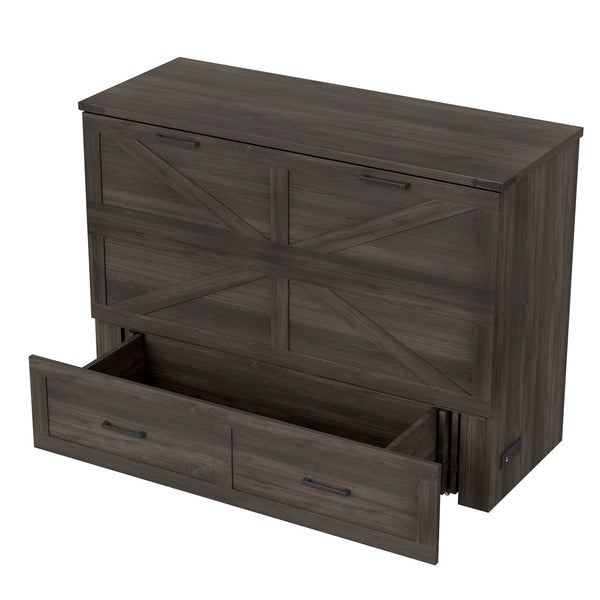 English Elm Full Farmhouse Murphy Cabinet Bed with Charging Station and Large Drawers, Space-Saving Guest Solution Gray 52.25 L x 26.25 W x 5.25 H N733S237853G