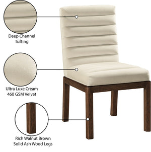 Meridian Furniture Evelyn Channel Tufted Velvet Dining Chair with Solid Ash Legs for Elegant Modern Spaces Cream 903 903Cream-C