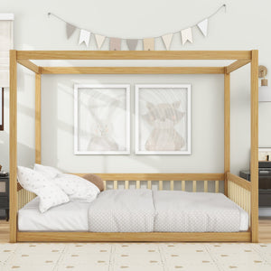 English Elm Full Size Canopy Floor Bed In Natural Rubberwood With Guardrails - Perfect For Kids' Imagination! W504P345756