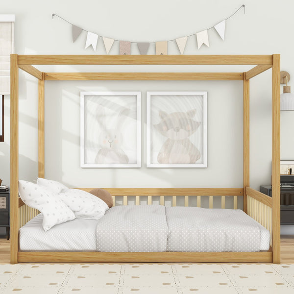 English Elm Full Size Canopy Floor Bed In Natural Rubberwood With Guardrails - Perfect For Kids' Imagination! W504P345756