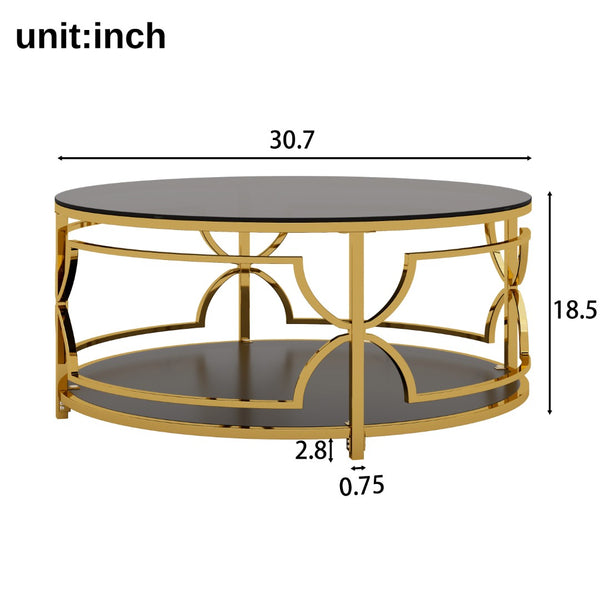 English Elm Round Tempered Glass Coffee Table with Gold Geometric Metal Base and Open Storage Shelf Black N735P396530B