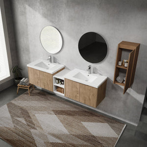 English Elm 72" Wall-Mounted Bathroom Vanity Set With Dual Sinks, Soft-Close Doors & Side Cabinet For Storage W999S00227