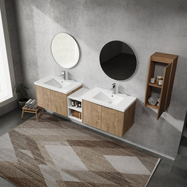 English Elm 72" Wall-Mounted Bathroom Vanity Set With Dual Sinks, Soft-Close Doors & Side Cabinet For Storage W999S00227