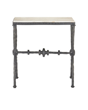 Currey & Company Agora White Travertine Side Table - Elegant Greek-inspired Design With Bronze Hourglass Legs & Veining Black White Travertine ,Wrought Iron 4000-0243-currey-company