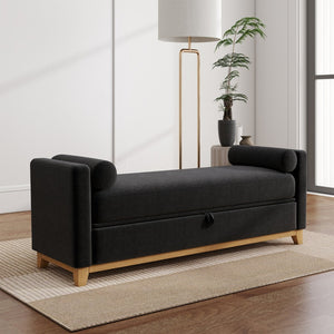 English Elm 66 Inch Sherpa Upholstered Storage Bench with Fluted Wood Base and Bolster Pillows Black+Neutral W1658P446125