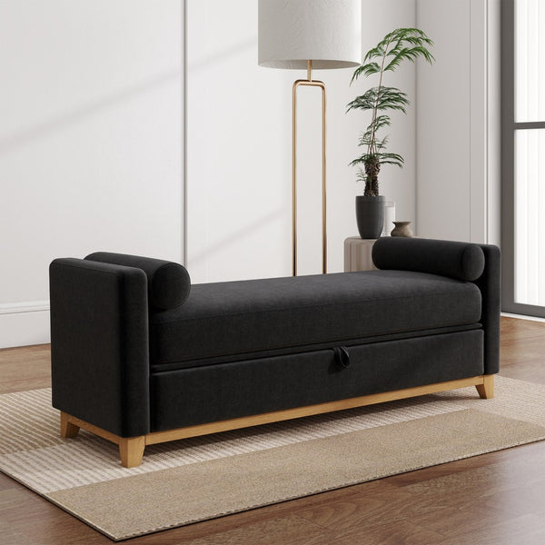 English Elm 66 Inch Sherpa Upholstered Storage Bench with Fluted Wood Base and Bolster Pillows Black+Neutral W1658P446125