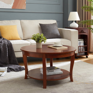 English Elm Traditional Round Coffee Table with Open Shelf, 2-Tier Solid Wood Accent Table for Small Spaces Walnut W1693P216929