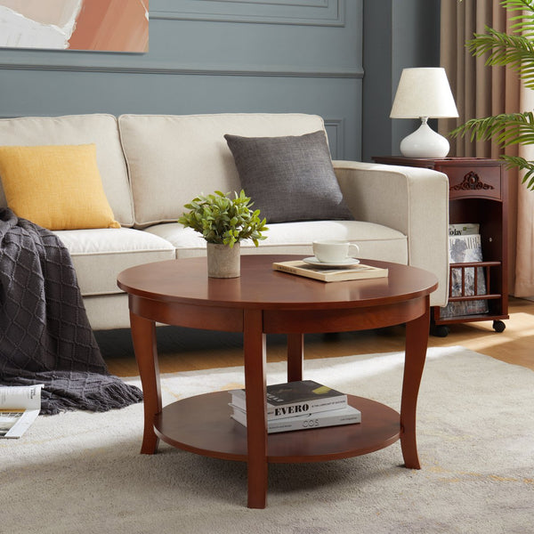 English Elm Traditional Round Coffee Table with Open Shelf, 2-Tier Solid Wood Accent Table for Small Spaces Walnut W1693P216929