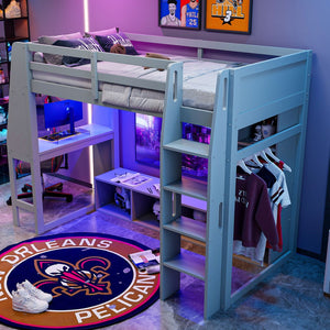 English Elm Wood Twin Size Gaming Loft Bed With Desk, Shelves, Led Lights & Clothes Rack - Gray Space Saver! N7090001041E-GIGA