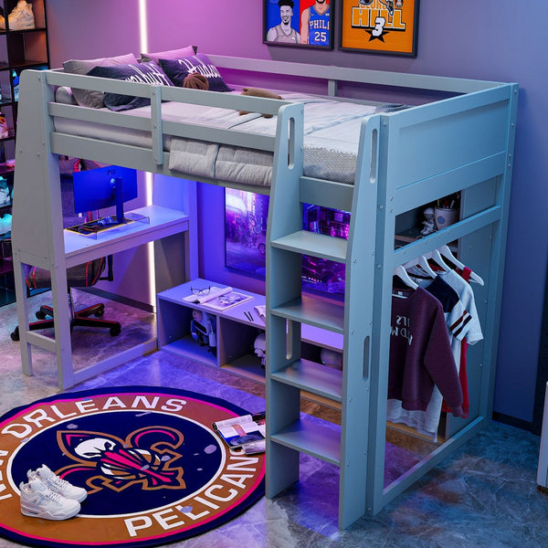 English Elm Wood Twin Size Gaming Loft Bed With Desk, Shelves, Led Lights & Clothes Rack - Gray Space Saver! N7090001041E-GIGA