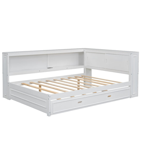 English Elm Full Pine Daybed with Trundle Sliding Storage Shelves Led Lighting and Usb Charging White GX004003AAK
