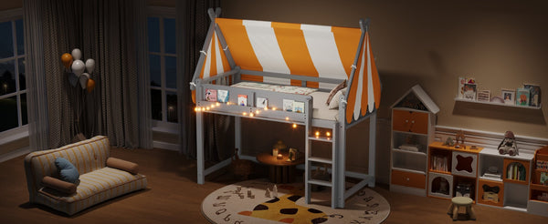 English Elm Twin Solid Wood Loft Bed with Led Lights Canopy Bookshelf for Kids Bedroom Gray N7090002241E