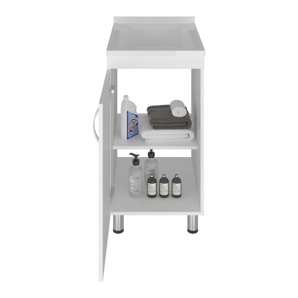 English Elm Mylo Freestanding Utility Cabinet with Open Shelf Concealed Door White Finish B097S00267