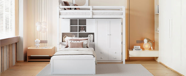 English Elm Twin Bunk Bed with Wardrobe Drawers Hydraulic Lift Shelves Kids Storage White LT000666AAK-1
