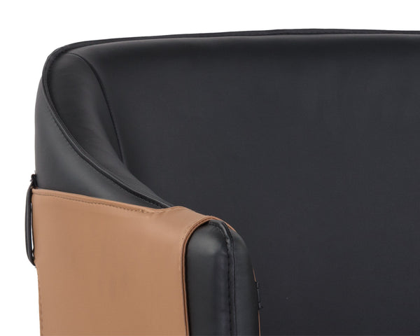 Sunpan Carter Barrel Back Dining Armchair in Faux Leather with Stylish Copper Foot Caps and Steel Legs Napa Black / Napa Cognac